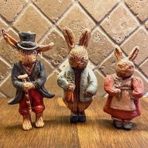 3 Folk Art Vintage Signed Rabbits